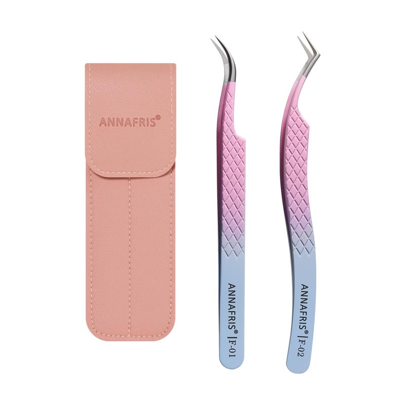 ANNAFRIS 2Pcs Lash Tweezers Stainless Steel Eyelash Extensions Tweezers Kit Straight and Curved Tweezers for Crafting Fiber Pointy Tweezers(F01+02)